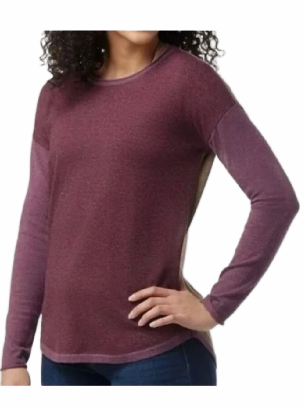 Smartwool Women's Shadow Pine Colorblock Sweater Size M Heathered Burgundy Tan